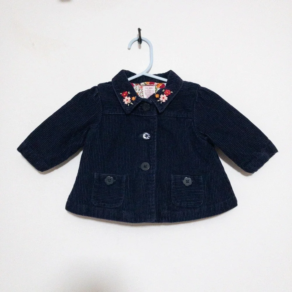 VTG Gymboree Blazer Infants 3-6M Blue 100 Cotton Embroidered Floral Corduroy Y2K